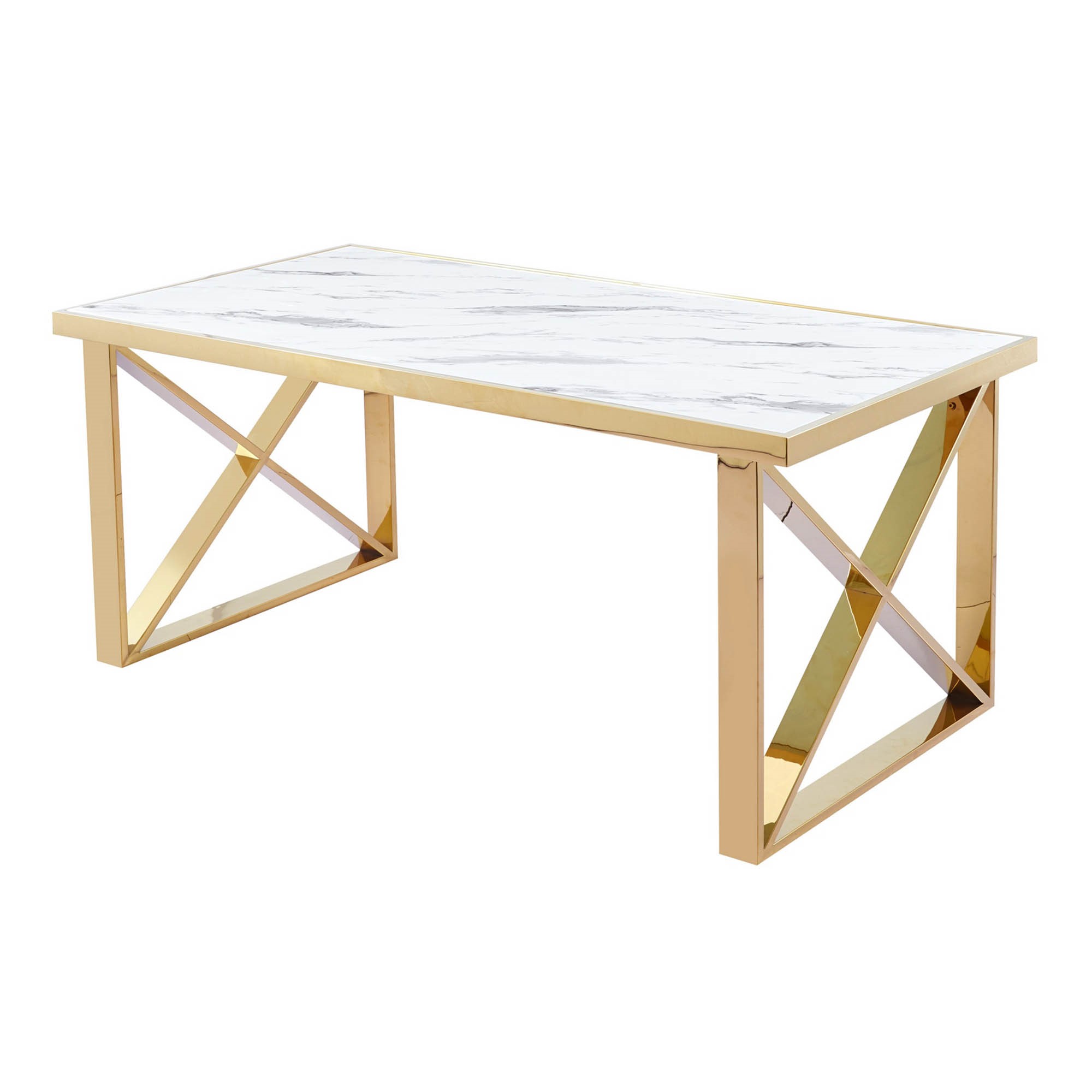 Table à manger rectangulaire effet marbre blanc et pieds dorés