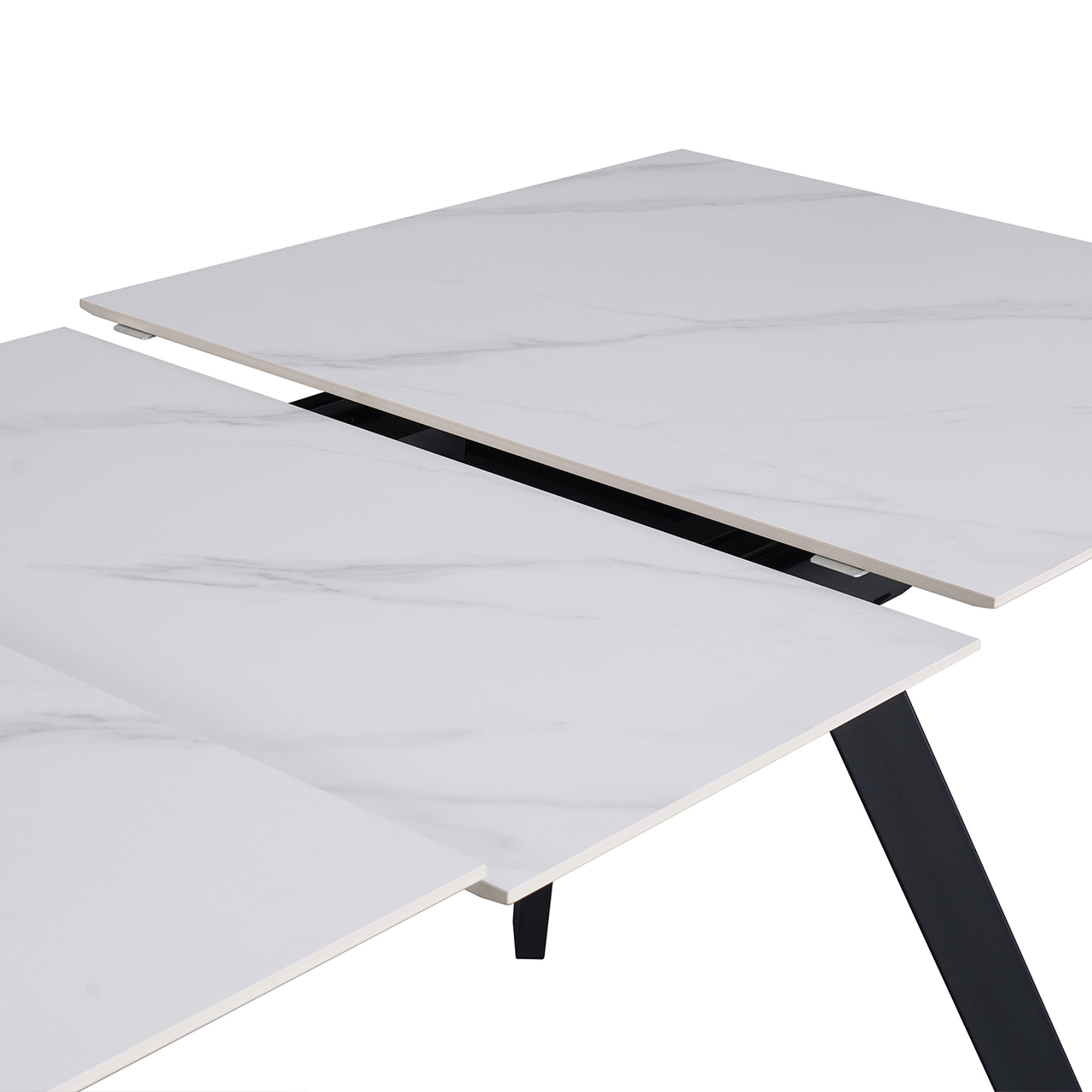 Table à manger rectangulaire extensible en céramique blanc pieds en métal noir