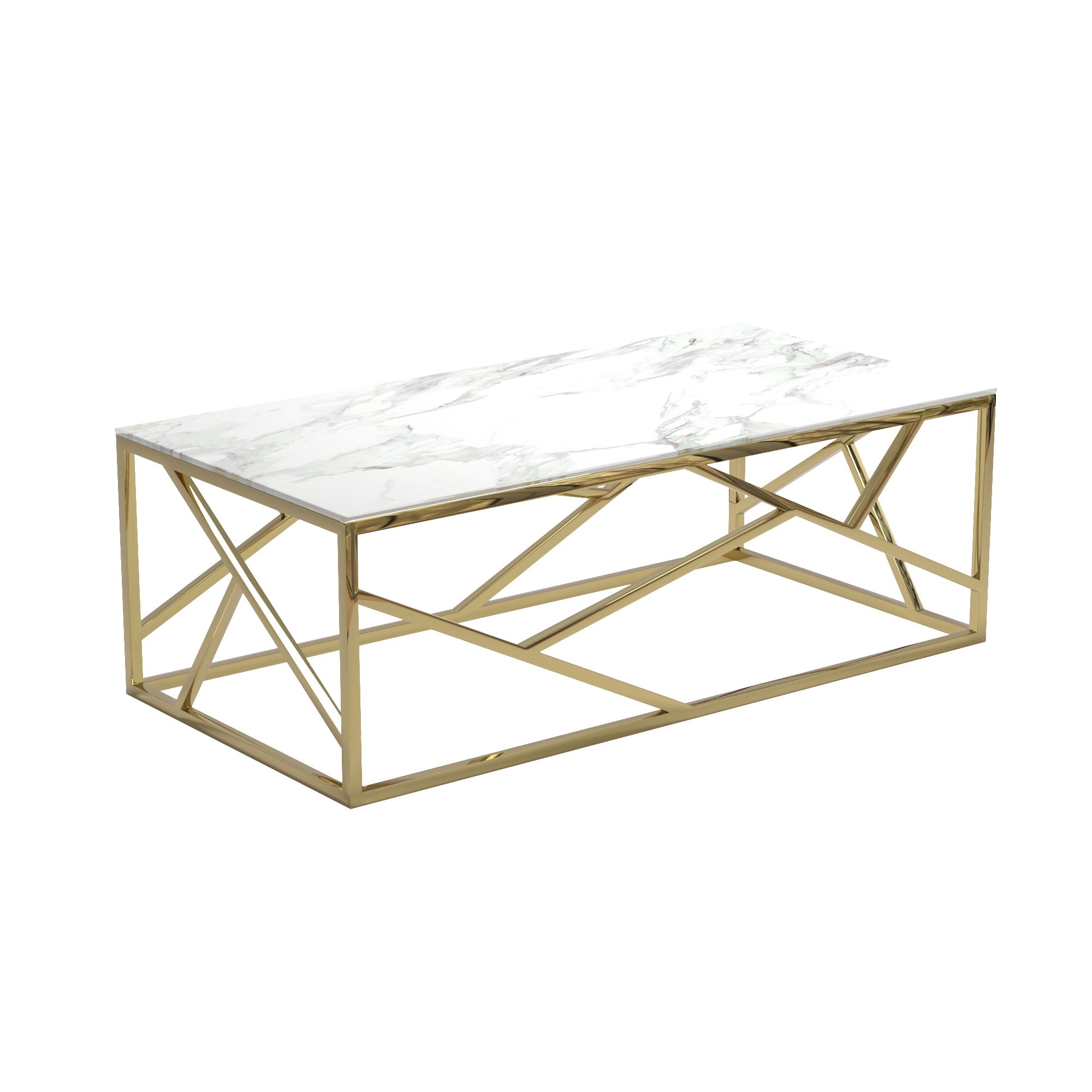 Table basse rectangulaire effet marbre blanc et métal doré