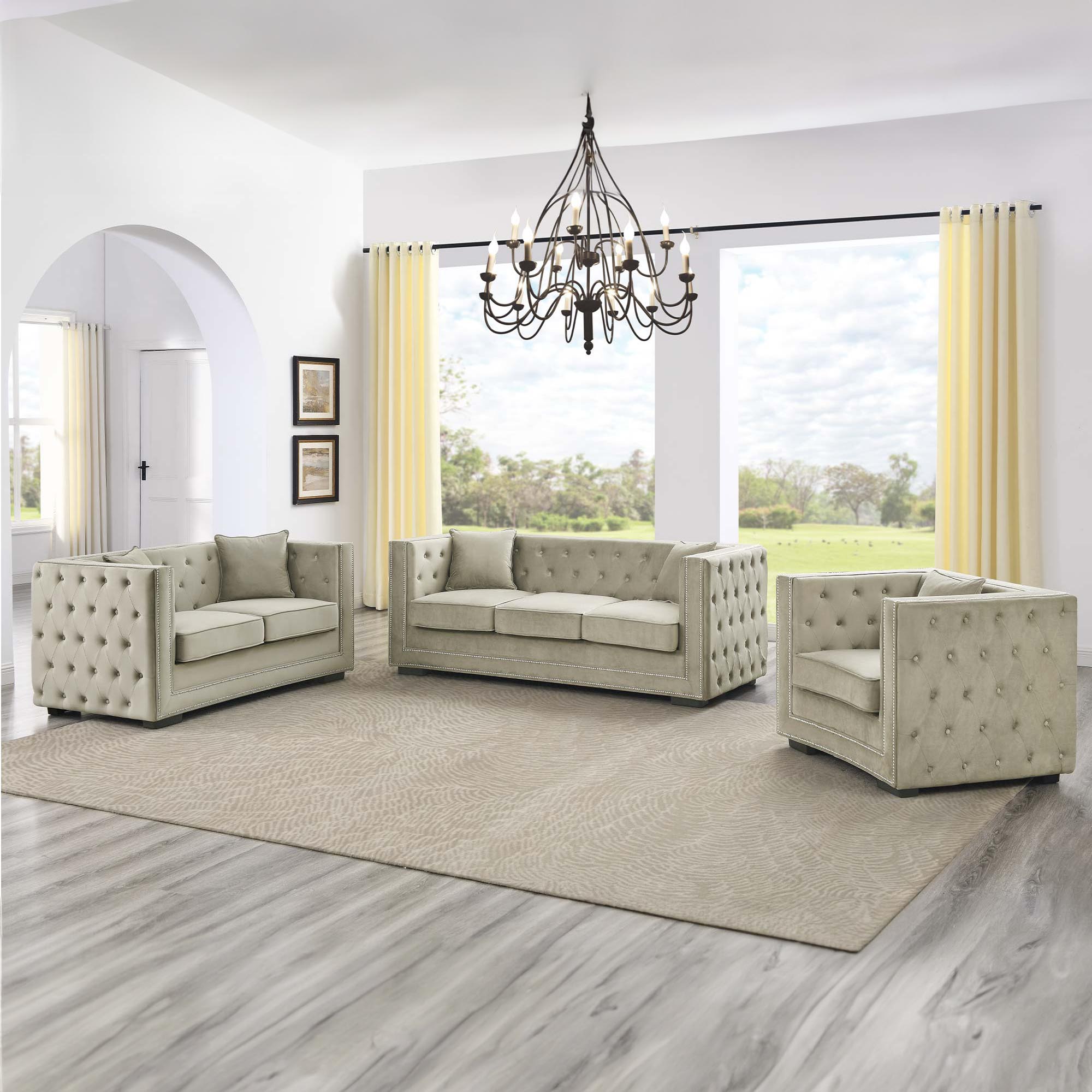KUBA - Canapé chesterfield 3 places en velours beige