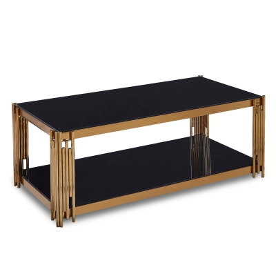 Table basse rectangle en verre trempé noir et pieds en métal doré