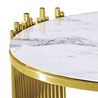 Table basse ronde en verre effet marbre blanc et pieds en métal doré