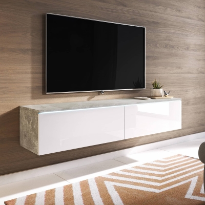 Meuble TV contemporain beige béton et laqué blanc avec LED 2 portes - 140 cm