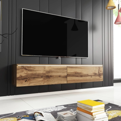 Meuble TV contemporain en chêne avec LED 2 portes - 140 cm
