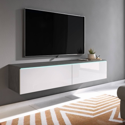 Meuble TV contemporain gris et blanc avec LED 2 portes MARA - 140 cm