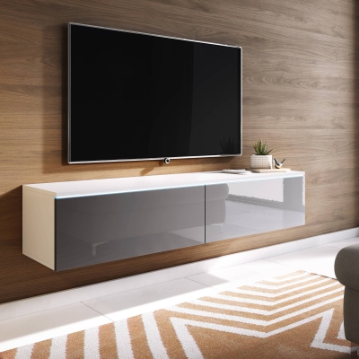 Meuble TV contemporain laqué gris et blanc avec LED 2 portes - 140 cm