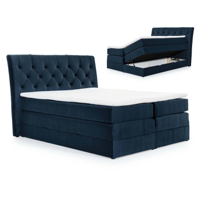 Lit boxspring 140x200 avec coffre de rangement en velours bleu foncé MATEO