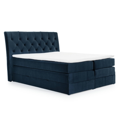 Lit boxspring 140x200 avec coffre de rangement en velours bleu foncé MATEO