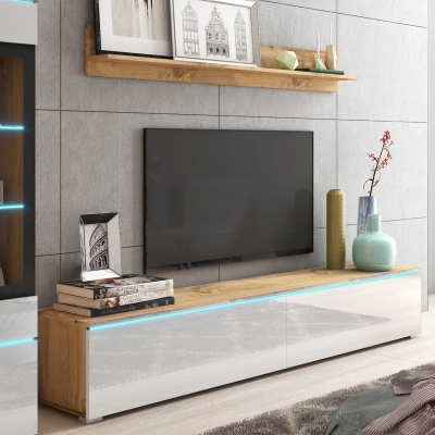 Meuble TV contemporain chêne et blanc laqué avec LED