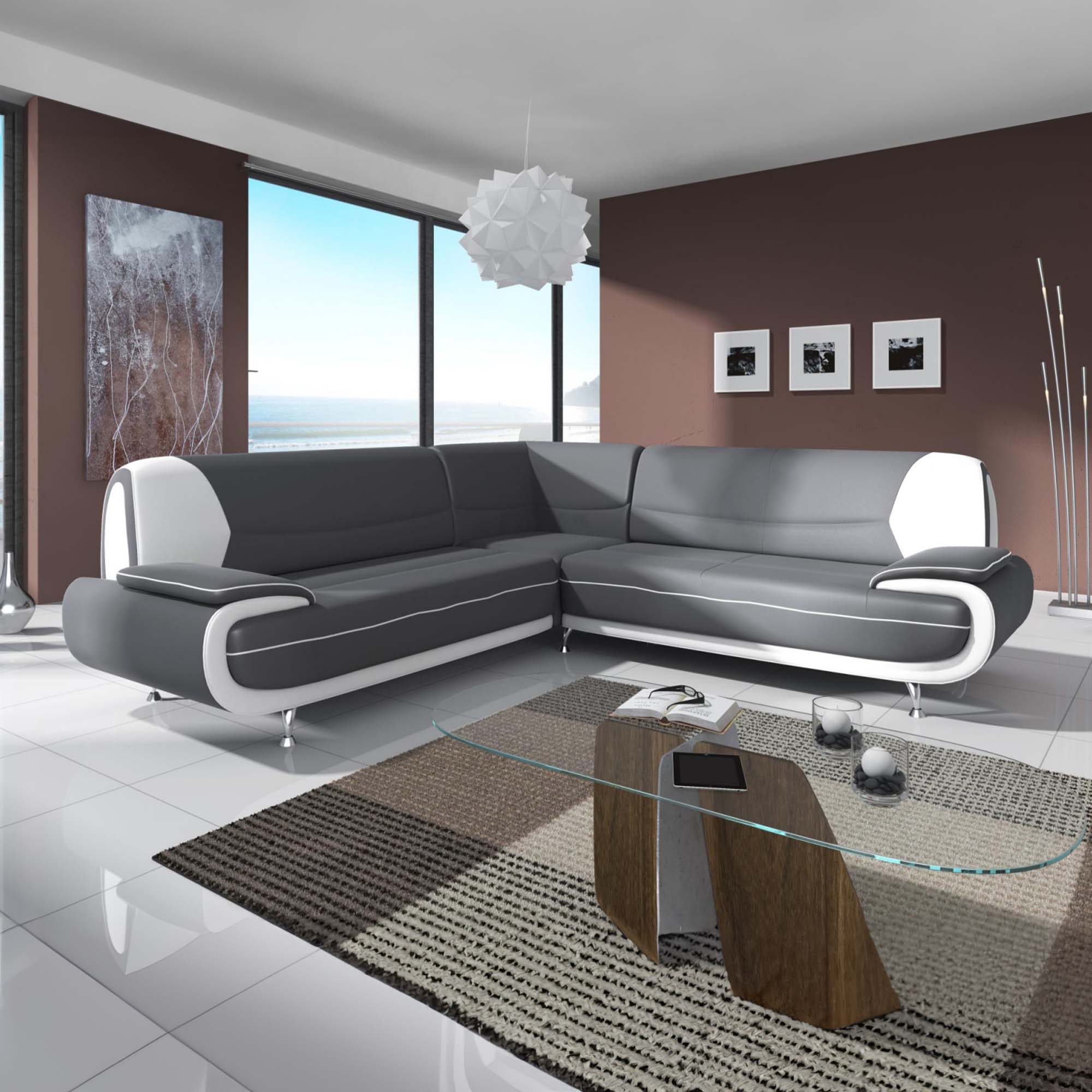 Canapé d'angle design en simili cuir gris et blanc