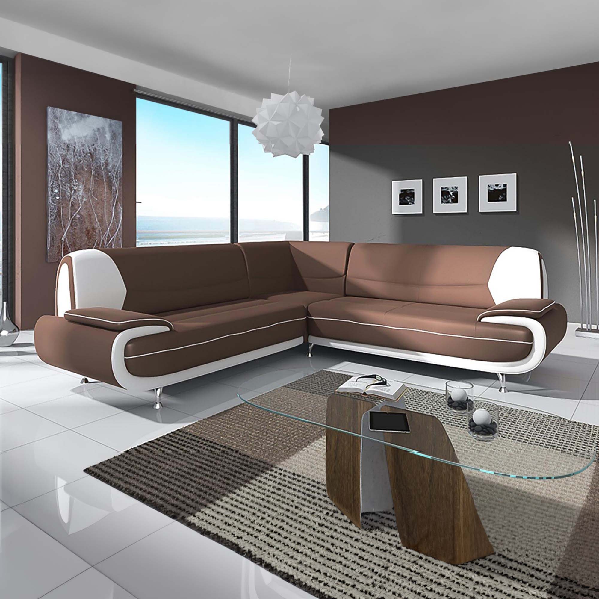 Canapé d'angle design en simili cuir marron et blanc