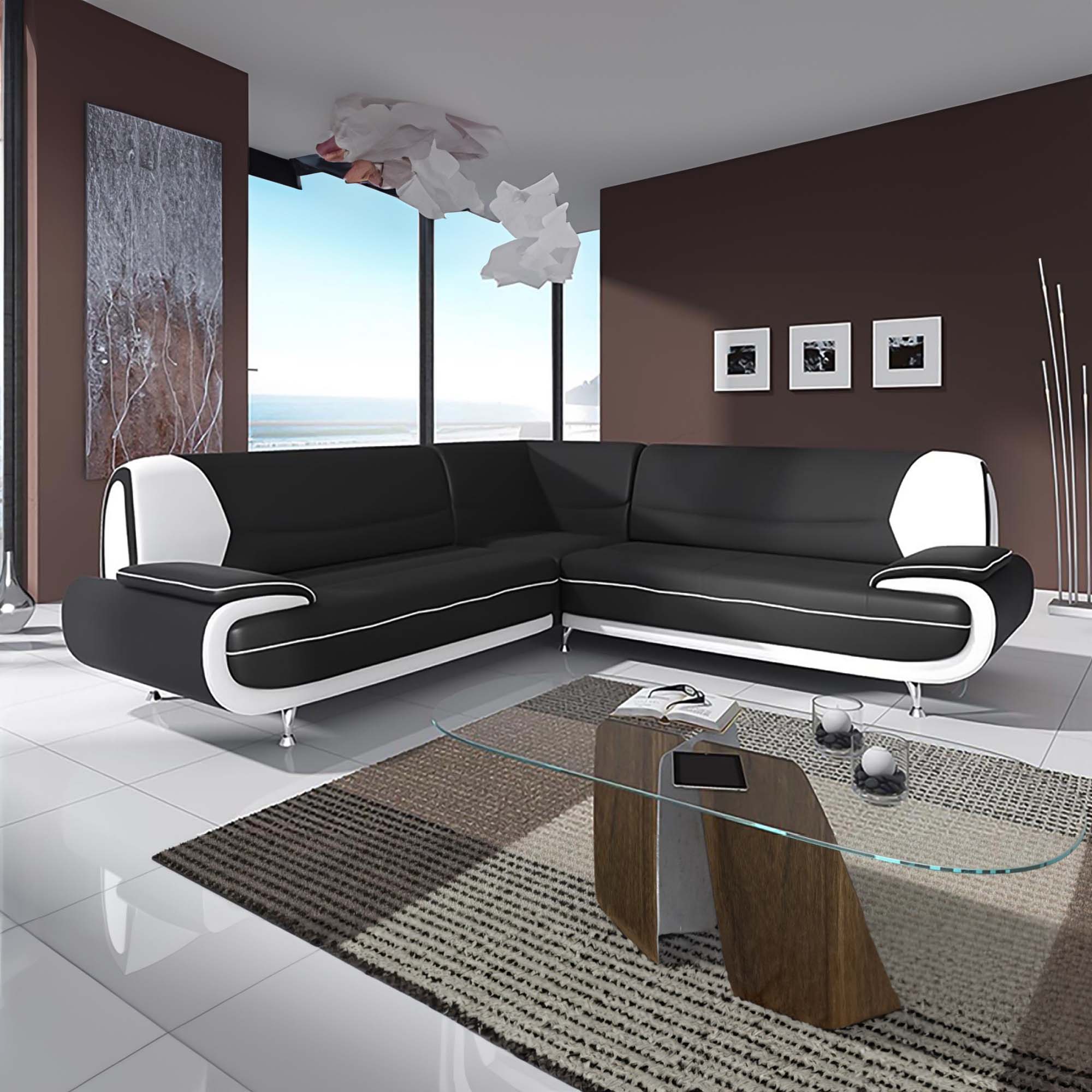 Canapé d'angle design en simili cuir noir et blanc