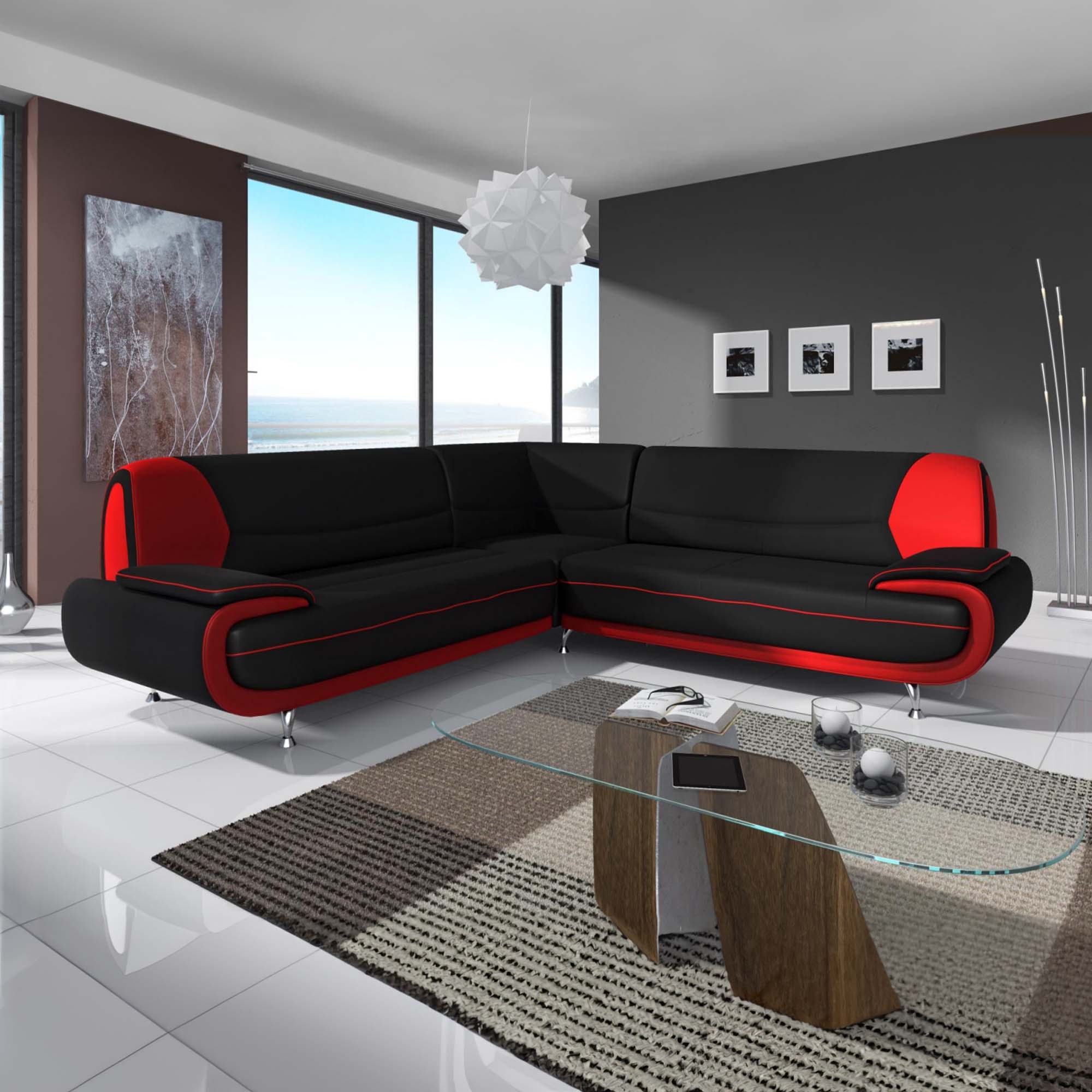 Canapé d'angle design en simili cuir noir et rouge