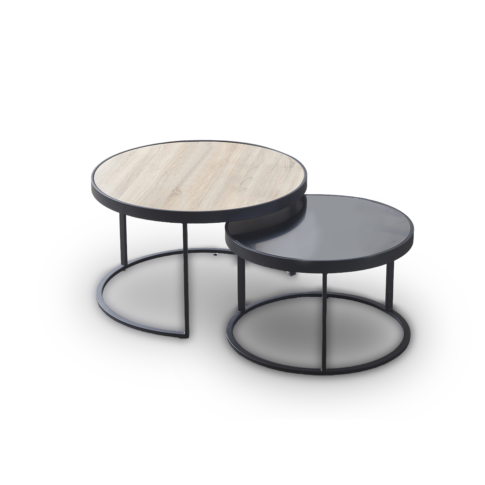 Lot de 2 tables basses rondes gigognes couleur bois et noir