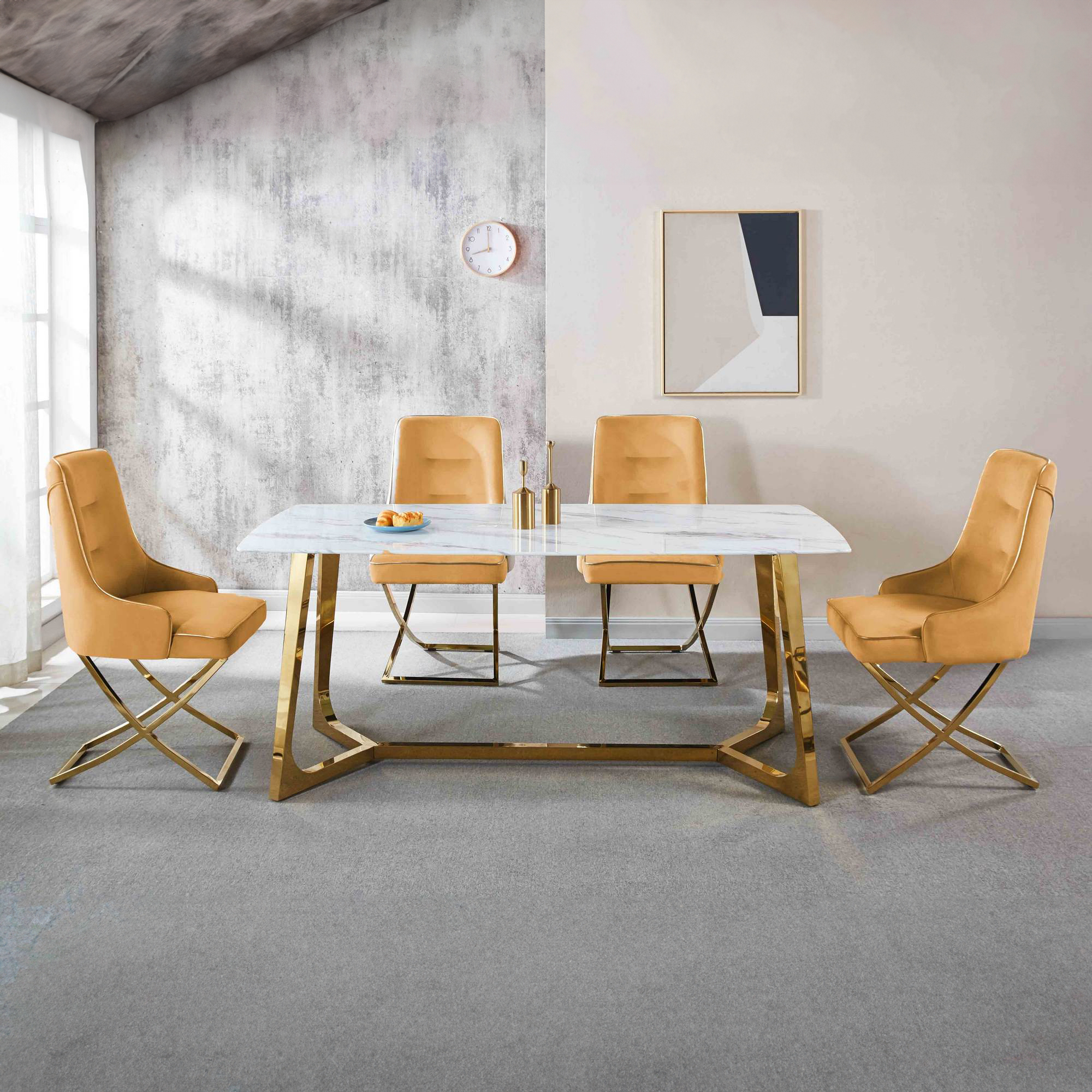 Table à manger rectangulaire design effet marbre blanc et doré
