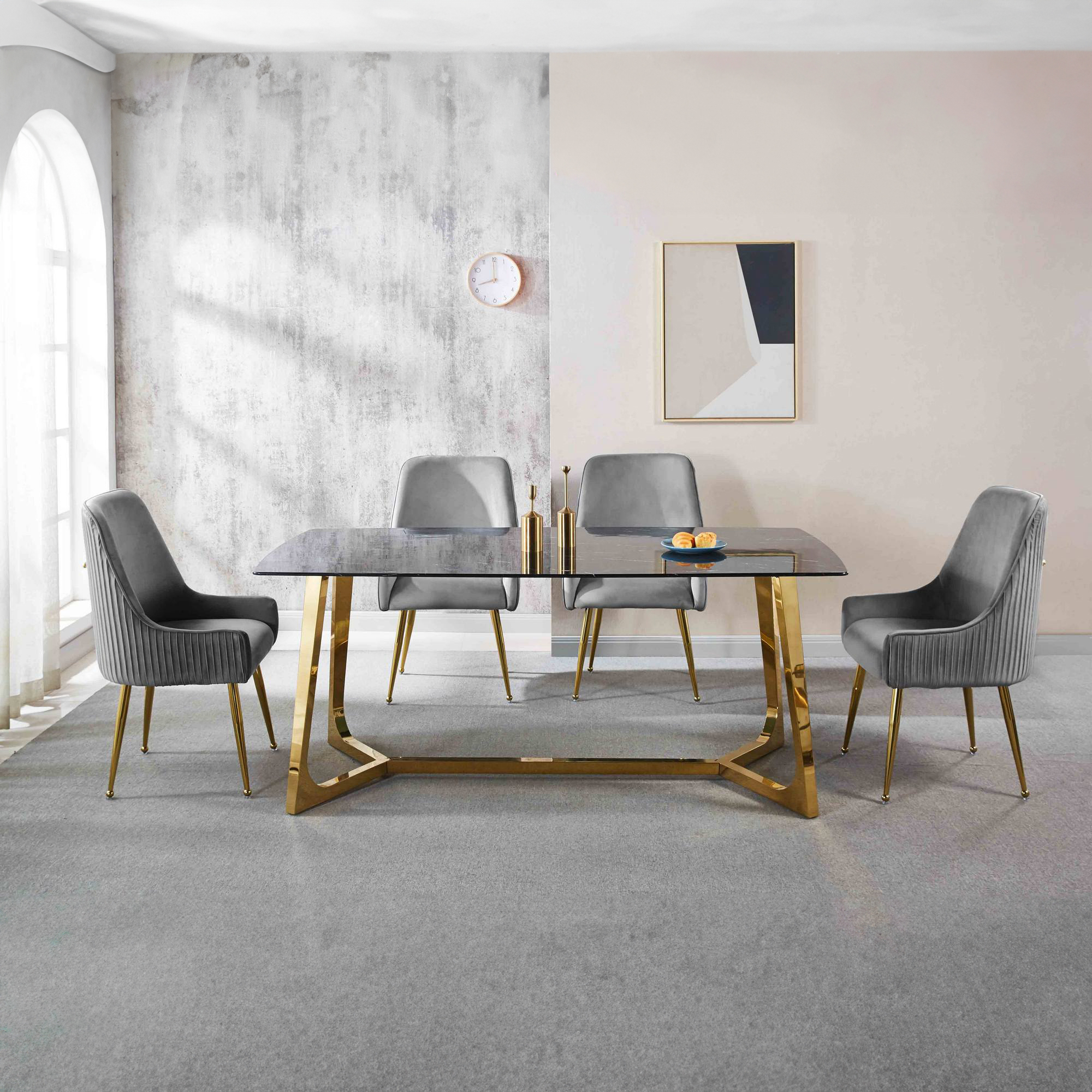 Table à manger rectangulaire design effet marbre noir et doré