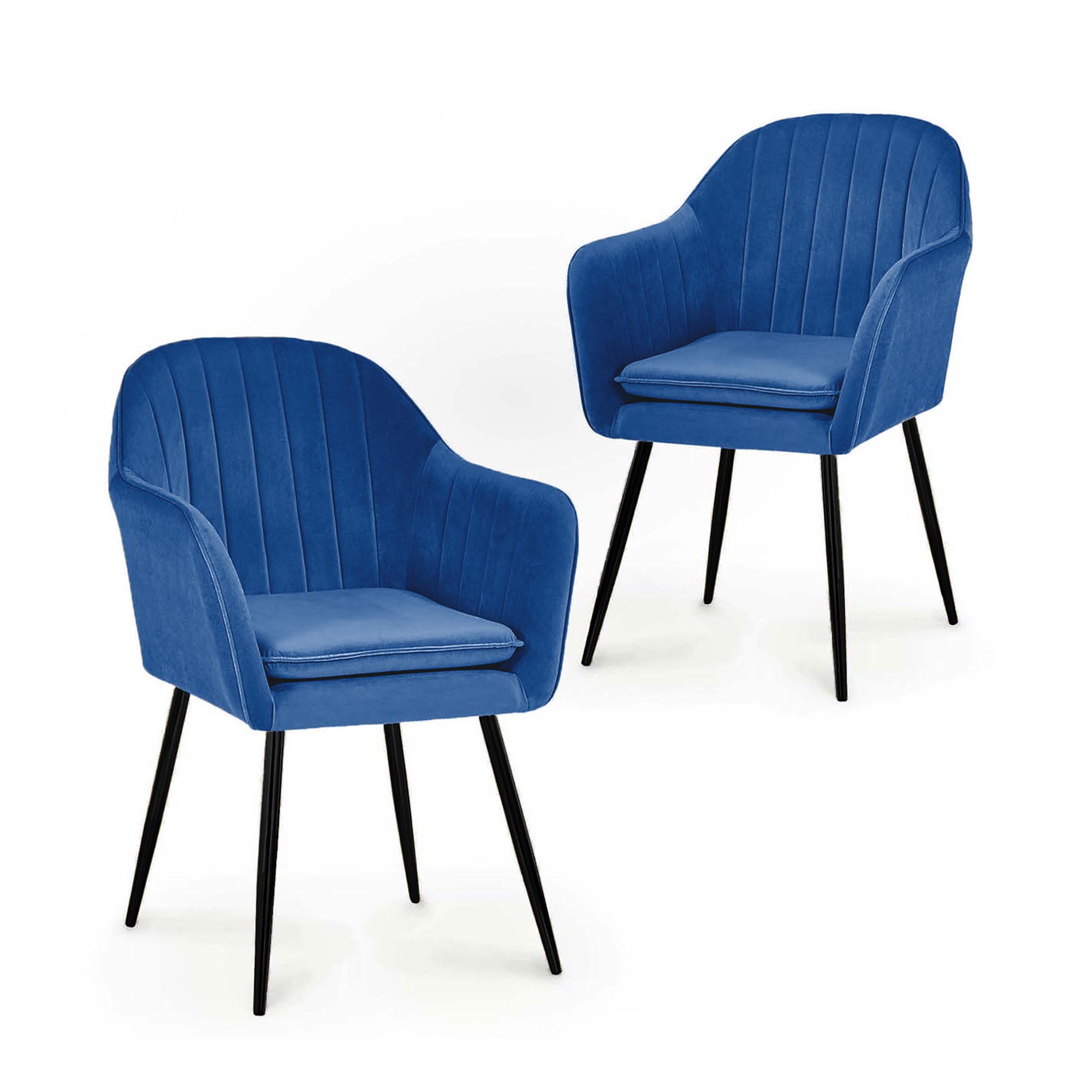Lot de 2 chaises avec accoudoirs en velours bleu pieds noirs