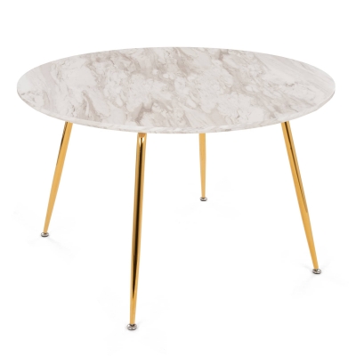 SHENA - Table à manger ronde design aspect marbre blanc et doré