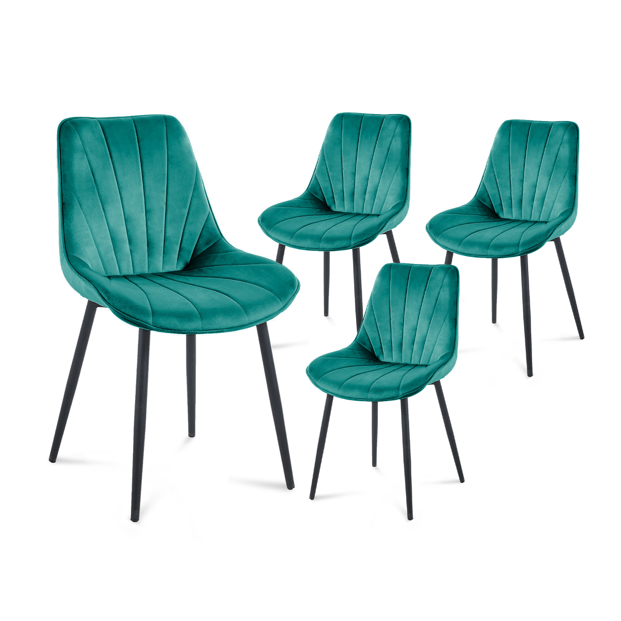 Lot de 4 chaises en velours vert pieds en métal noir
