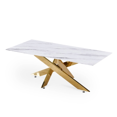 Table basse rectangulaire design verre marbré et pieds dorés