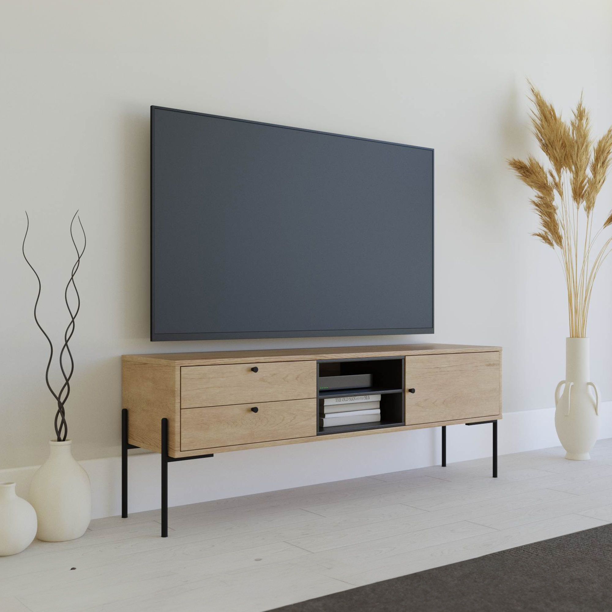 Meuble TV 1 porte 2 tiroirs en bois clair et métal noir