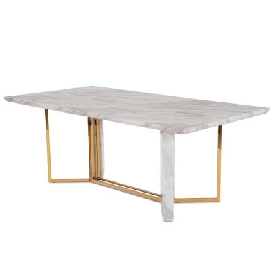 Table à manger rectangulaire design effet marbre blanc et doré