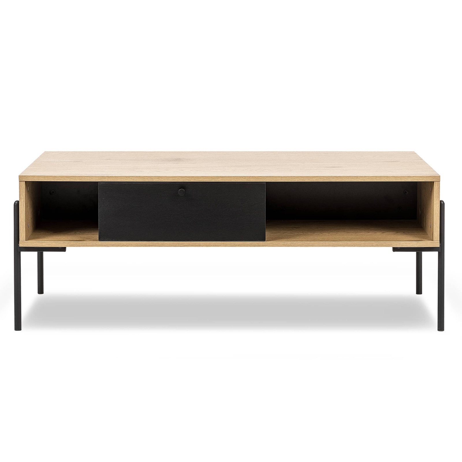 Table basse avec rangement en bois clair et métal noir