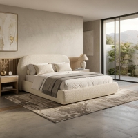 Lit double en tissu bouclette beige avec coffre 160x200 cm