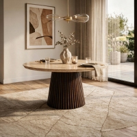 Table &agrave; manger ronde extensible couleur beige et bois fonc&eacute; 120-200 cm