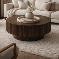 Table basse ronde couleur bois fonc&eacute; D80 cm