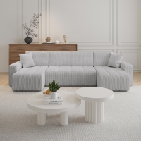 Canap&eacute; panoramique convertible avec coffre en velours c&ocirc;tel&eacute; gris clair