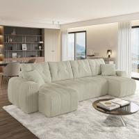 Canap&eacute; panoramique convertible avec coffre en velours c&ocirc;tel&eacute; beige