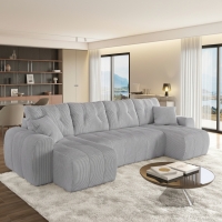 Canap&eacute; panoramique convertible avec coffre en velours c&ocirc;tel&eacute; gris clair