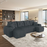 Canap&eacute; panoramique convertible avec coffre en velours c&ocirc;tel&eacute; gris fonc&eacute;