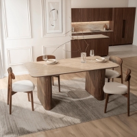 Table &agrave; manger rectangulaire en c&eacute;ramique beige pieds couleur bois fonc&eacute; 180 cm