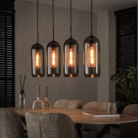 Suspension 4 lampes ajustables en verre fum&eacute; et m&eacute;tal noir 105x150 cm