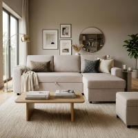 Canap&eacute; d'angle convertible et r&eacute;versible avec coffre en tissu beige