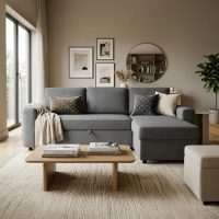 Canap&eacute; d'angle convertible et r&eacute;versible avec coffre en tissu gris fonc&eacute;