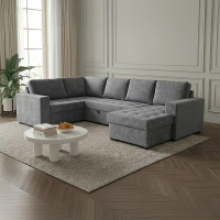 Canap&eacute; panoramique convertible avec coffre en tissu gris - Angle droit