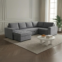 Canap&eacute; panoramique convertible avec coffre en tissu gris - Angle gauche