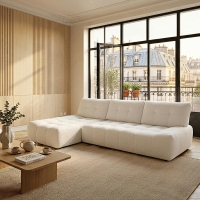 Canap&eacute; d'angle avec dossier amovible en tissu blanc &eacute;cru - Angle gauche