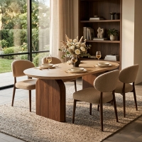 Table &agrave; manger ovale extensible couleur travertin et bois fonc&eacute; 200-300 cm