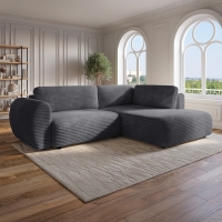 Canapé d'angle convertible et coffre velours côtelé épais gris - Angle droit