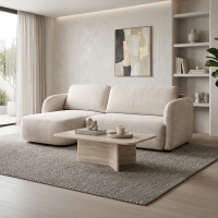 Canap&eacute; d'angle convertible avec coffre en tissu beige - Angle gauche