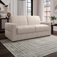 Canap&eacute; 3 places convertible tissu capitonn&eacute; beige matelas 22 cm