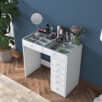 Coiffeuse 7 tiroirs blanc avec plateau en verre