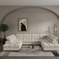 Canap&eacute; panoramique convertible avec 2 coffres et t&ecirc;ti&egrave;res relevables en tissu bouclette beige