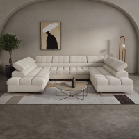 Canap&eacute; panoramique convertible avec 2 coffres et t&ecirc;ti&egrave;res relevables en tissu bouclette beige