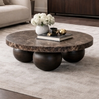 Table basse en marbre d'ing&eacute;nierie marron pieds rond bois massif noir