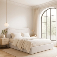 Lit double en tissu bouclette beige avec coffre 160x200 cm